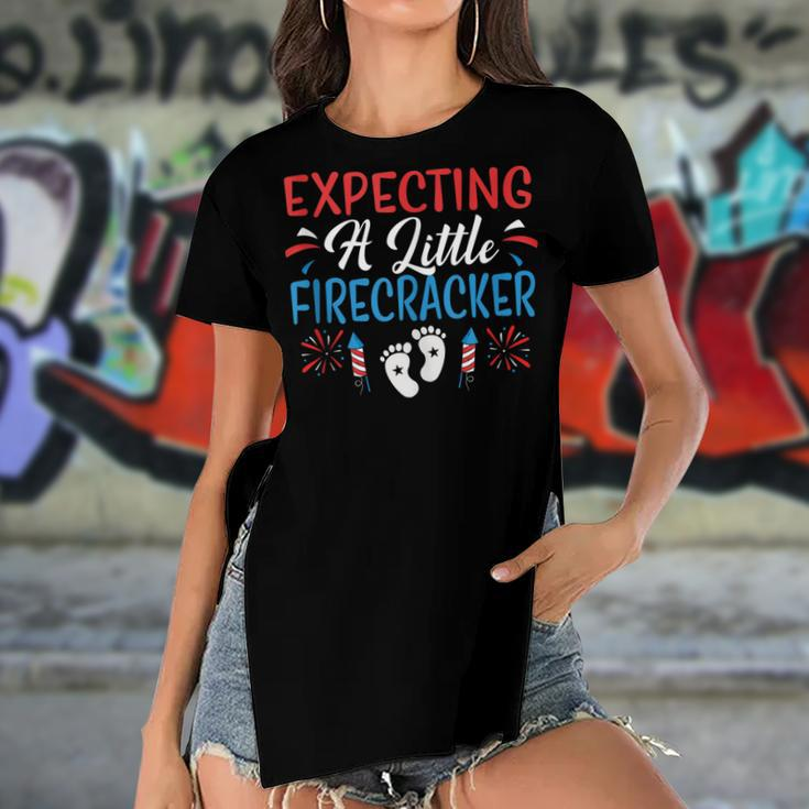 Expecting A Little Firecracker 4Th Of July Pregnancy Baby Women's Short Sleeves T-shirt With Hem Split