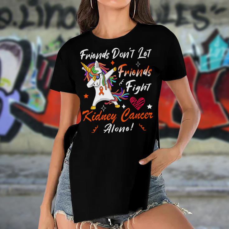 Friends Dont Let Friends Fight Kidney Cancer Alone Unicorn Orange Ribbon Kidney Cancer Kidney Cancer Awareness Women's Short Sleeves T-shirt With Hem Split