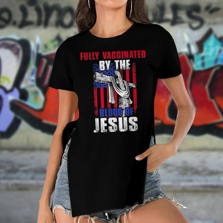 Fully Vaccinated By The Blood Of Jesus Christian USA Flag Women's Short Sleeves T-shirt With Hem Split