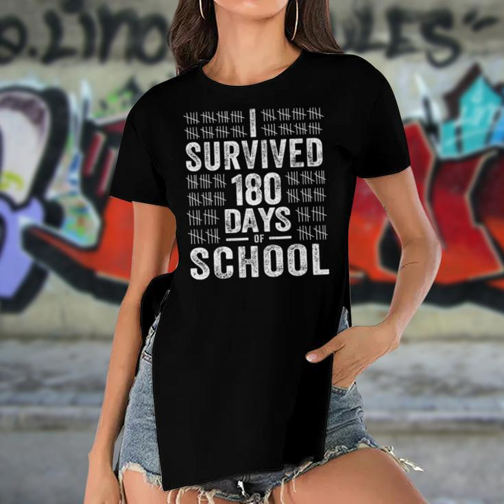 I Survived 180 Days Of School Last Day Of School Teacher Women's Short Sleeves T-shirt With Hem Split