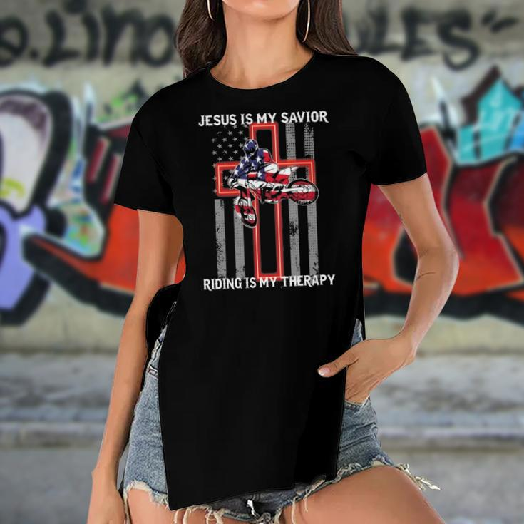 Jesus Is My Savior Riding Is My Therapy Us Flag Women's Short Sleeves T-shirt With Hem Split