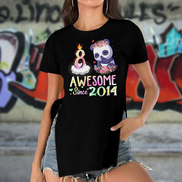 Kids Awesome Since 2014 8Th Birthday 8 Years Old Panda Girl Women's Short Sleeves T-shirt With Hem Split
