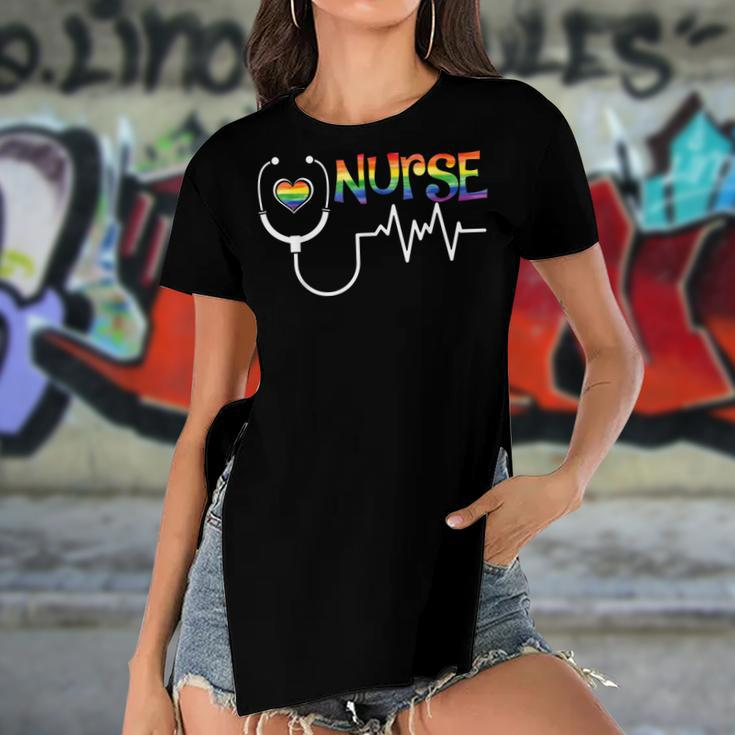 Nurse Rainbow Flag Lgbt Lgbtq Gay Lesbian Bi Pride Ally Women's Short Sleeves T-shirt With Hem Split