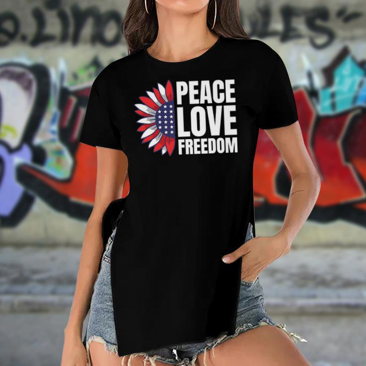 Peace Love Freedom America Usa Flag Sunflower Women's Short Sleeves T-shirt With Hem Split