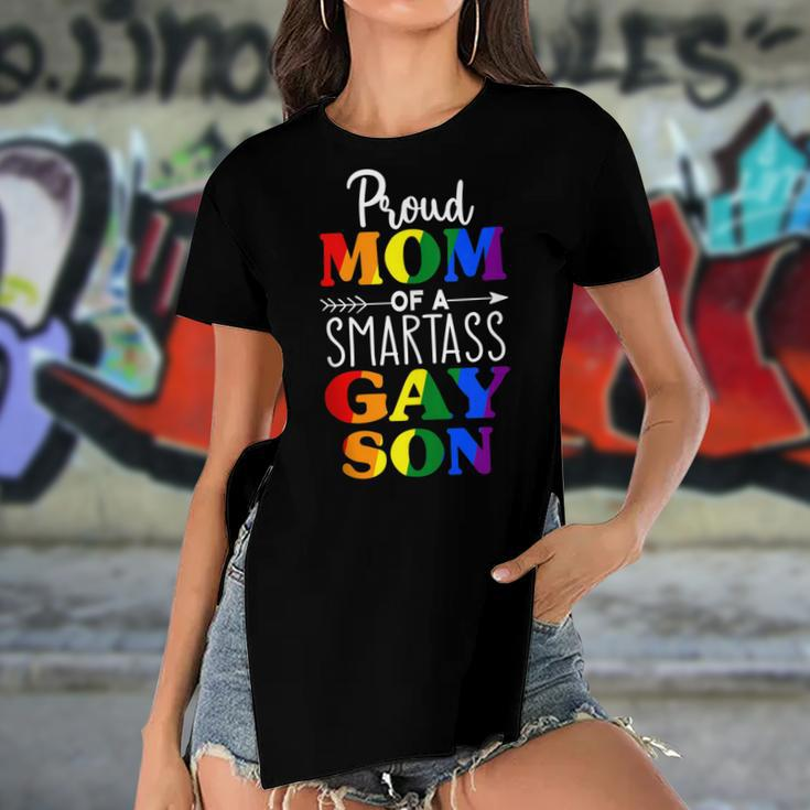 Proud Mom Of A Smartass Gay Son Funny Lgbt Ally Mothers Day Women's Short Sleeves T-shirt With Hem Split