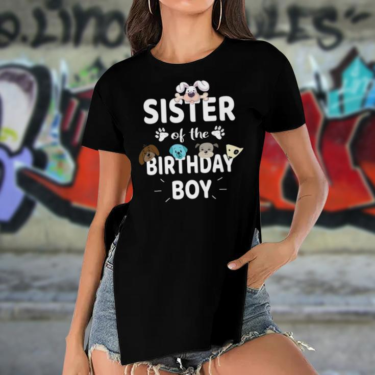 Sister Of The Birthday Boy Dog Lover Party Puppy Theme Women's Short Sleeves T-shirt With Hem Split