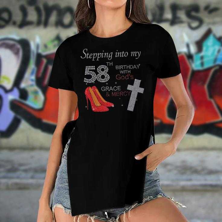 Stepping Into My 58Th Birthday With Gods Grace Mercy Heels Women's Short Sleeves T-shirt With Hem Split