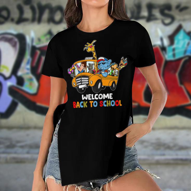 Welcome Back To School Zoo Animal Bus 477 Shirt Women's Short Sleeves T-shirt With Hem Split