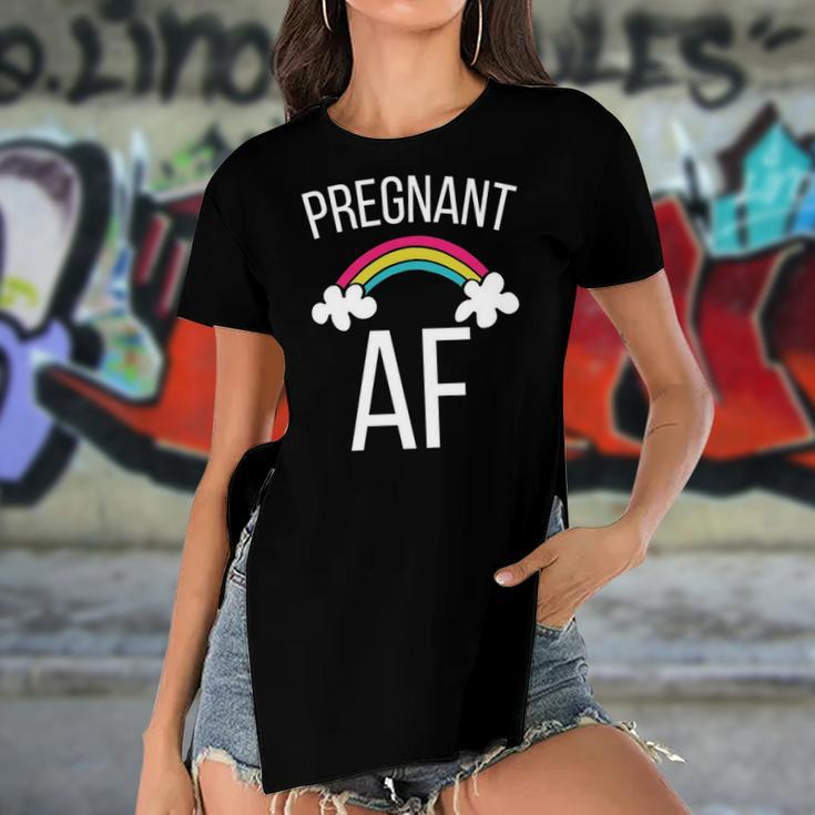 Womens Cute Pregnant Af Funny Rainbow Expecting Tee Women's Short Sleeves T-shirt With Hem Split