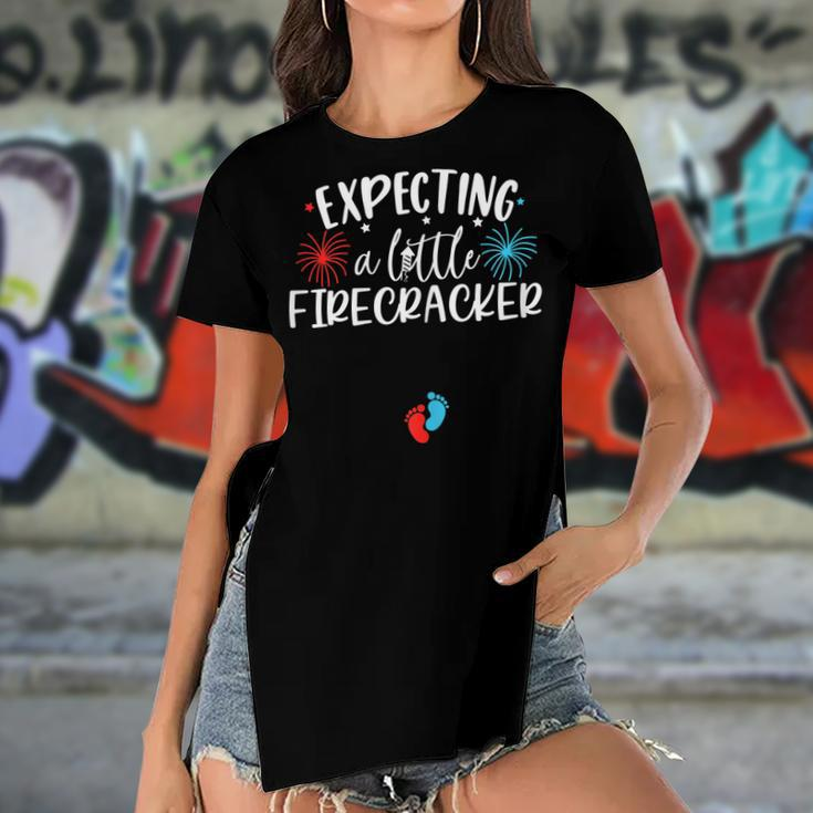 Womens Expecting A Little Firecracker Funny 4Th Of July Pregnant Women's Short Sleeves T-shirt With Hem Split