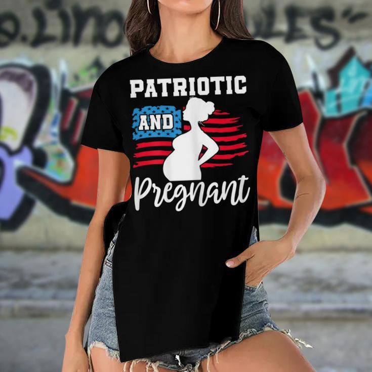 Womens Patriotic And Pregnant Baby Reveal 4Th Of July Pregnancy Women's Short Sleeves T-shirt With Hem Split