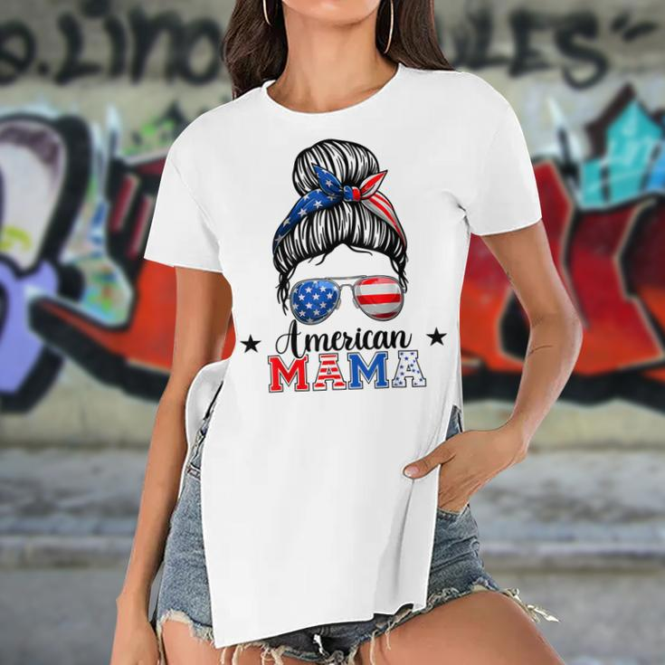 4Th Of July American Mama Messy Bun Mom Life Patriotic Mom Women's Short Sleeves T-shirt With Hem Split