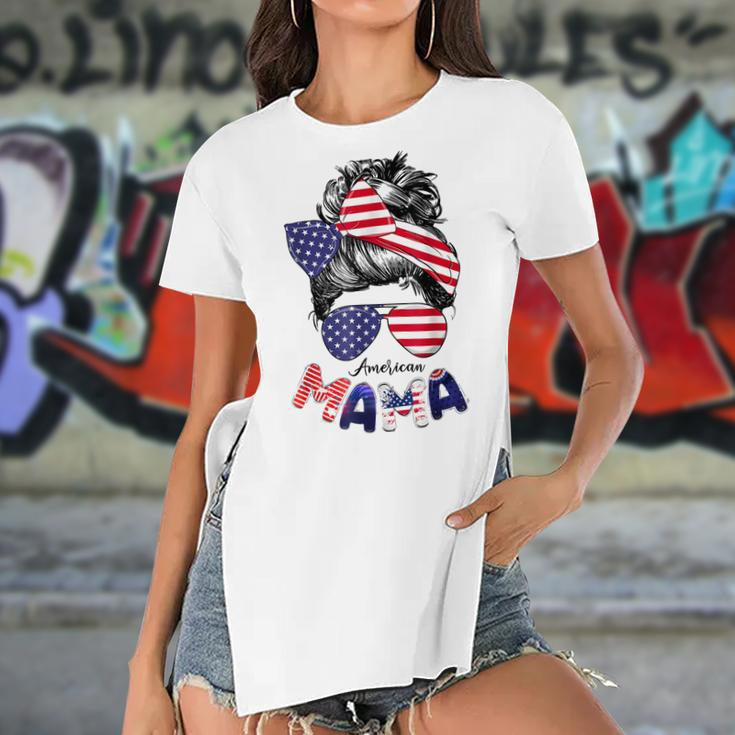 4Th Of July American Mama Messy Bun Mom Life Patriotic Mom Women's Short Sleeves T-shirt With Hem Split
