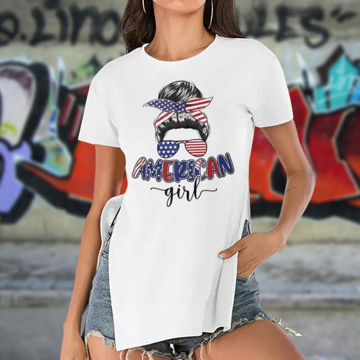 American Girl Messy Bun 4Th Of July Mom Usa Women Women's Short Sleeves T-shirt With Hem Split