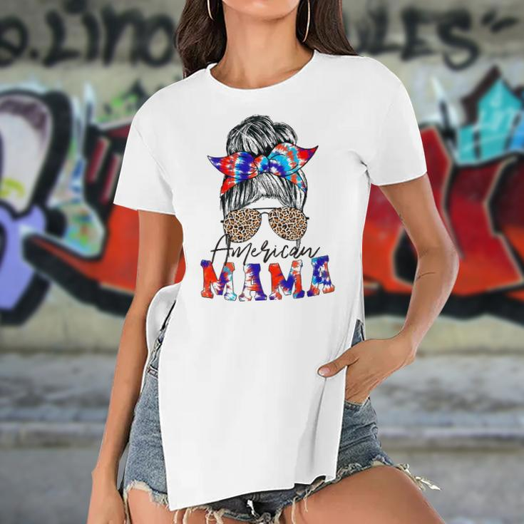 American Mama Usa Patriot Flag Tie Dye 4Th Of July Messy Bun Women's Short Sleeves T-shirt With Hem Split