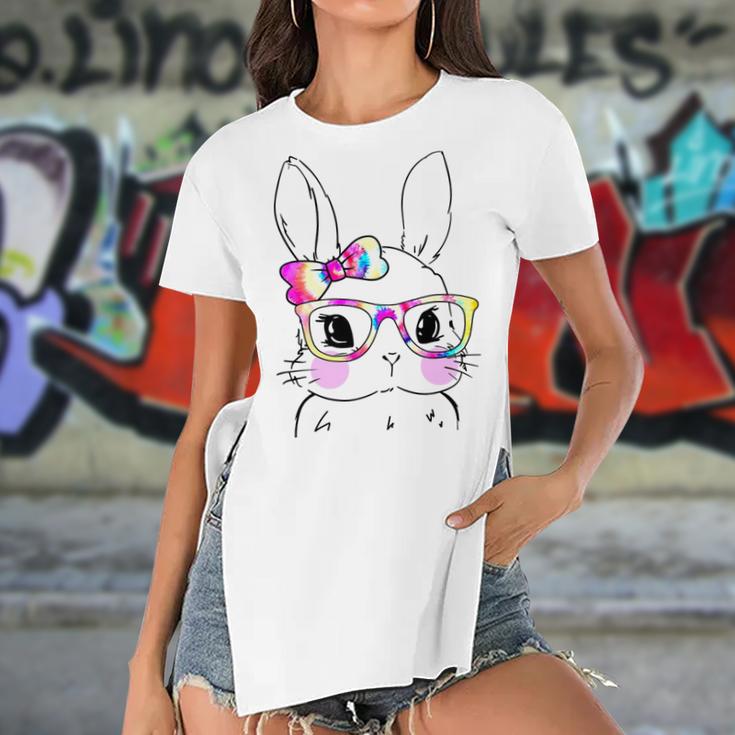 Cute Bunny Rabbit Face Tie Dye Glasses Girl Happy Easter Day Women's Short Sleeves T-shirt With Hem Split