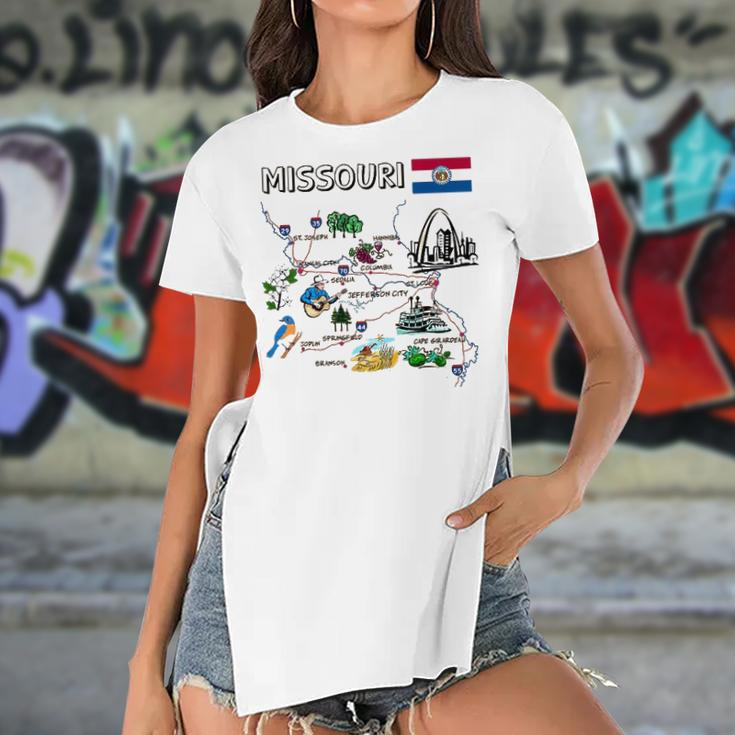 Map Of Missouri Landmarks Major Cities Roads Flag Women's Short Sleeves T-shirt With Hem Split