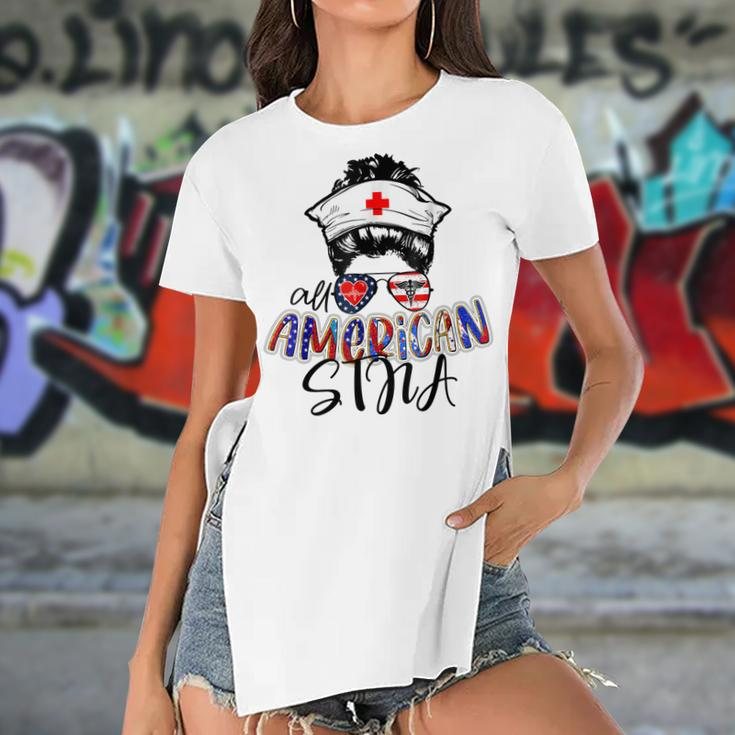 Stna All American Nurse Messy Buns Hair 4Th Of July Day Usa Women's Short Sleeves T-shirt With Hem Split