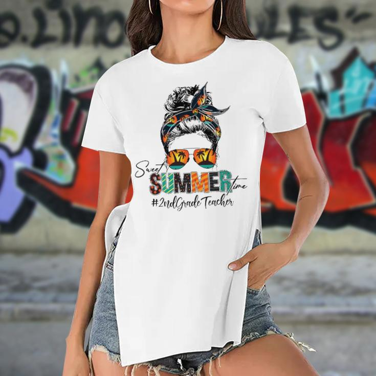 Sweet Summer Time 2Nd Grade Teacher Messy Bun Beach Vibes Women's Short Sleeves T-shirt With Hem Split