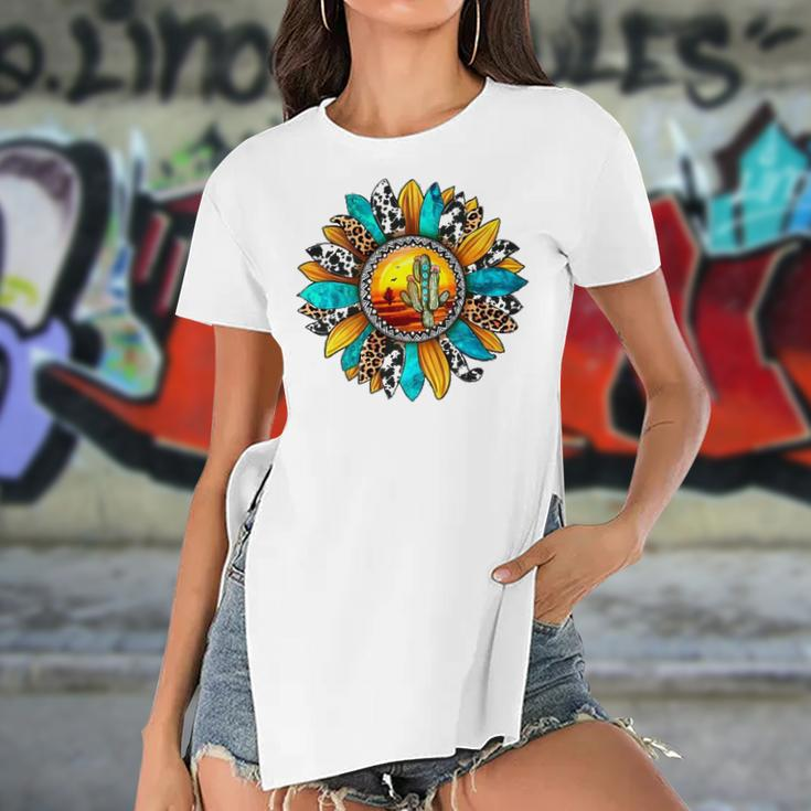 Texas Leopard Serape Cowhide Turquoise Sunflower Cactus Cow Women's Short Sleeves T-shirt With Hem Split