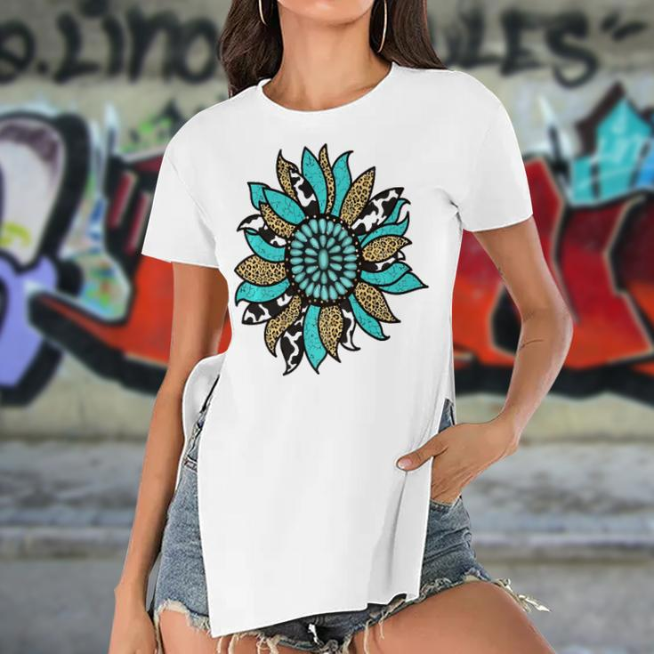 Turquoise Rodeo Decor Graphic Sunflower Women's Short Sleeves T-shirt With Hem Split