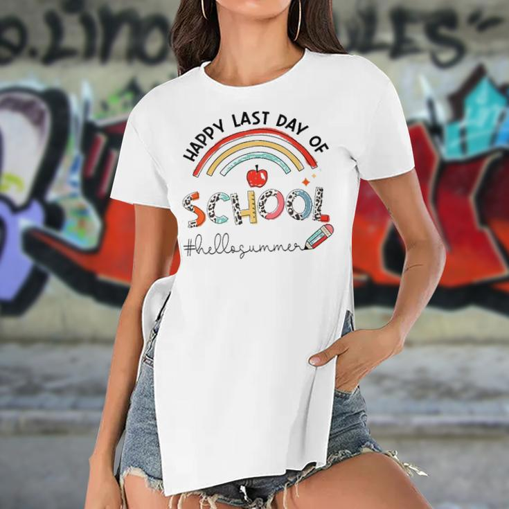 Womens Happy Last Day Of School Leopard Rainbow Hello Summer Women's Short Sleeves T-shirt With Hem Split