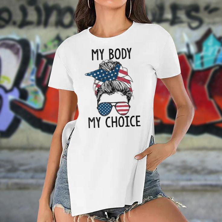 Womens My Body My Choice Pro Choice Messy Bun Us Flag Feminist Women's Short Sleeves T-shirt With Hem Split