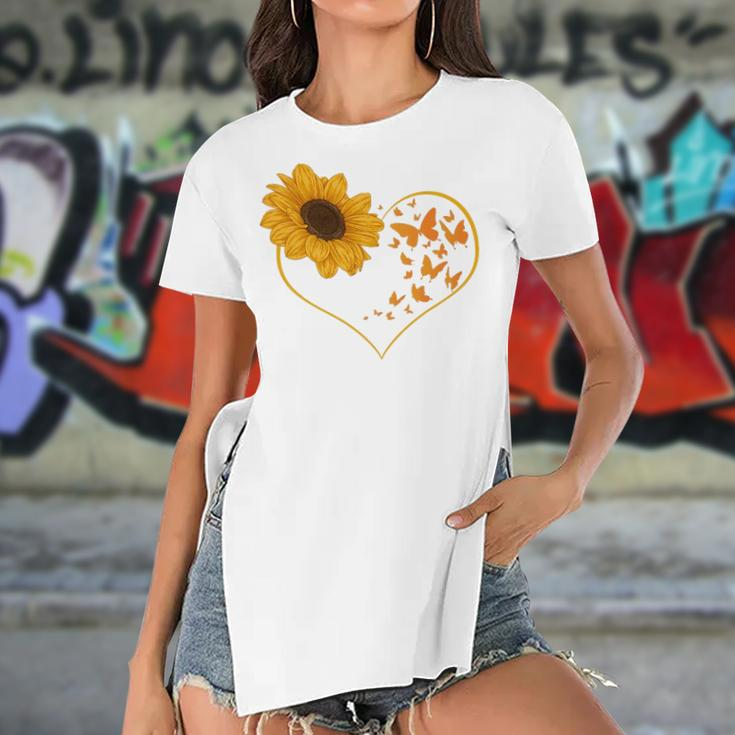 Yellow Flower Sunflowers Heart Butterfly Blossom Sunflower Women's Short Sleeves T-shirt With Hem Split