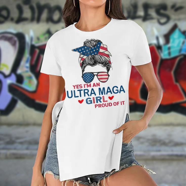 Yes Im An Ultra Maga Girl Proud Of It Usa Flag Messy Bun Women's Short Sleeves T-shirt With Hem Split