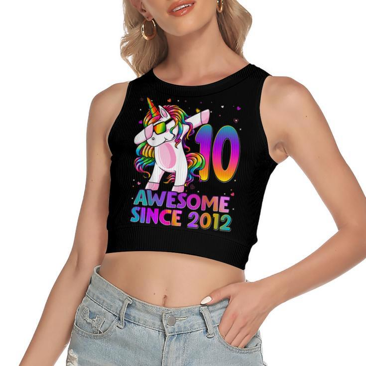 10 Year Old Unicorn Dabbing 10Th Birthday Girl Unicorn Party V3 Women's Sleeveless Bow Backless Hollow Crop Top
