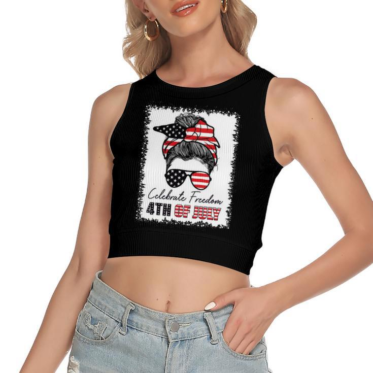 4Th Of July Celebrate Freedom Messy Bun American Flag Women's Crop Top Tank Top
