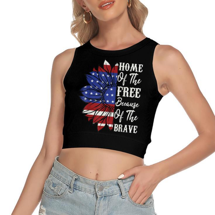 4Th Of July Sunflower Home Of The Free Because Of The Brave  Women's Sleeveless Bow Backless Hollow Crop Top
