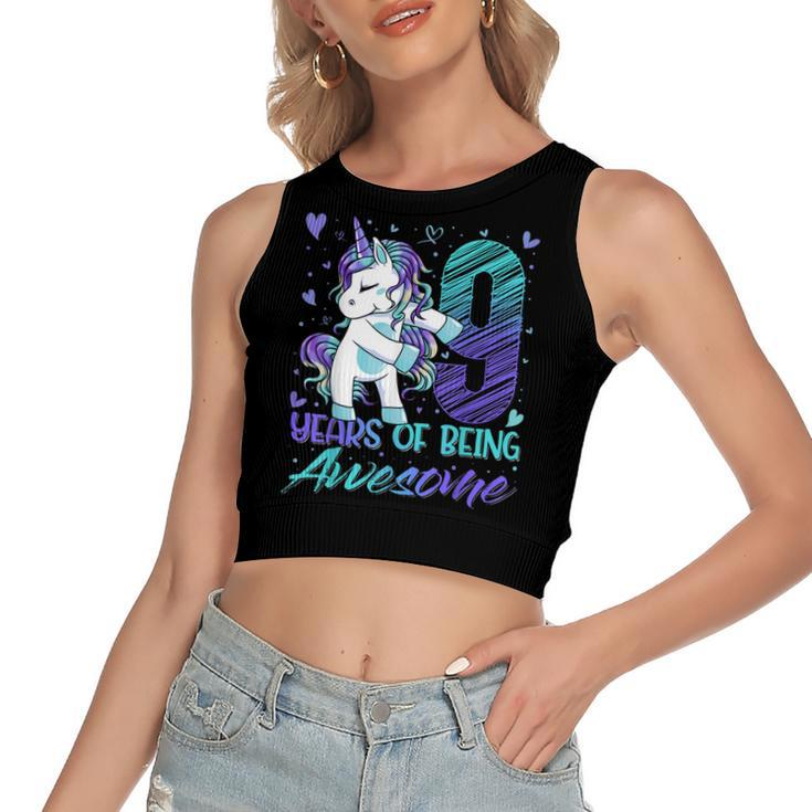 9Th Birthday  9 Year Old Girl Flossing Unicorn Party  Women's Sleeveless Bow Backless Hollow Crop Top