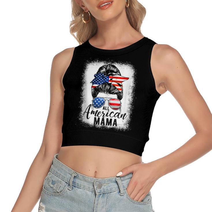 All American Mama Proud Mom Messy Bun Patriotic 4Th Of July  Women's Sleeveless Bow Backless Hollow Crop Top