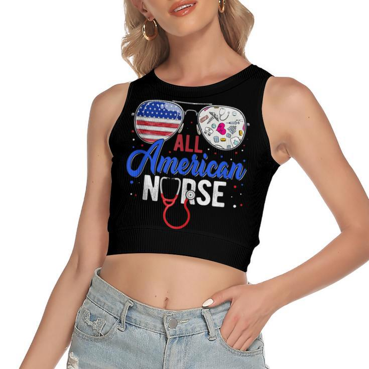 All American Nurse Scrub Heart Stethoscope 4Th Of July Nurse  Women's Sleeveless Bow Backless Hollow Crop Top