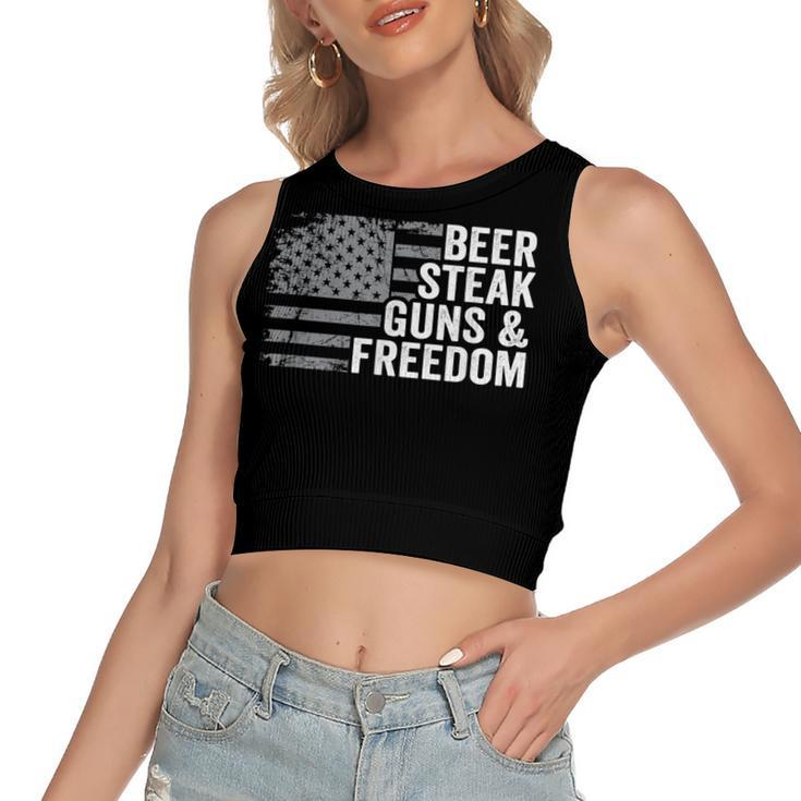 Beer Steak Guns & Freedom - 4Th July Usa Flag Drinking Bbq  Women's Sleeveless Bow Backless Hollow Crop Top
