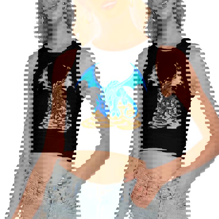 Cute Blue Dragon And His Cookie Treasure Hoard  Women's Sleeveless Bow Backless Hollow Crop Top