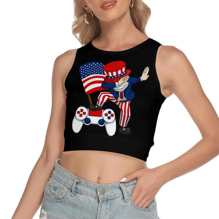 Dabbing Patriotic Gamer 4Th Of July Video-Game Controller T-Shirt Women's Sleeveless Bow Backless Hollow Crop Top