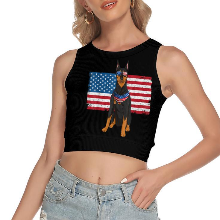 Doberman Dad & Mom American Flag 4Th Of July Usa Funny Dog  Women's Sleeveless Bow Backless Hollow Crop Top