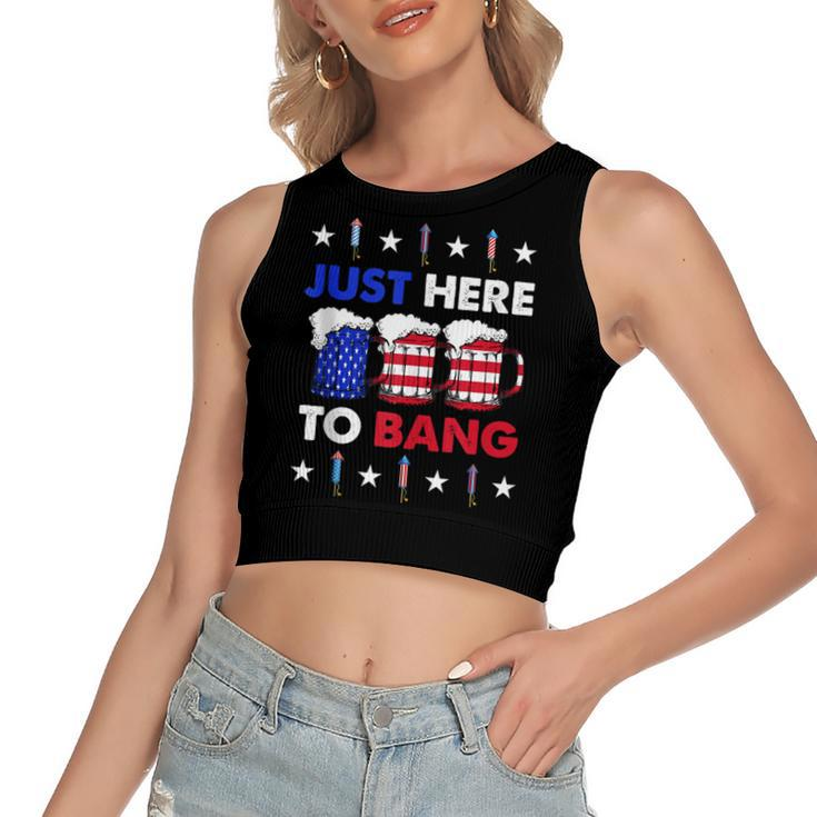 Funny Beer Us Flag  4Th Of July Im Just Here To Bang  Women's Sleeveless Bow Backless Hollow Crop Top