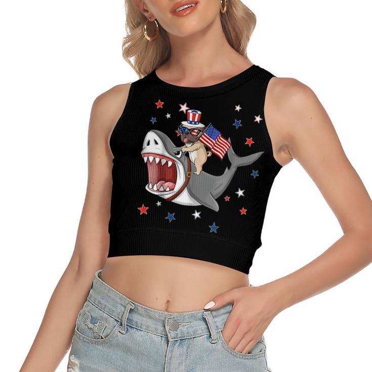 Funny Pug Shark 4Th Of July Dog Mom Dad Puppy Lover  Women's Sleeveless Bow Backless Hollow Crop Top