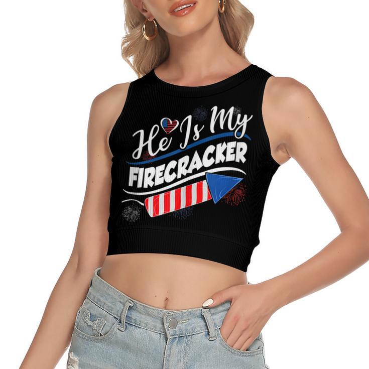He Is My Firecracker 4Th Of July Funny Matching Couples  Women's Sleeveless Bow Backless Hollow Crop Top