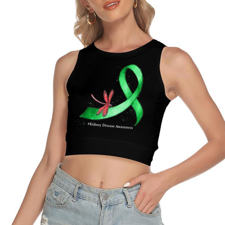 Hippie Dragonfly Green Ribbon Kidney Disease Awareness  Women's Sleeveless Bow Backless Hollow Crop Top