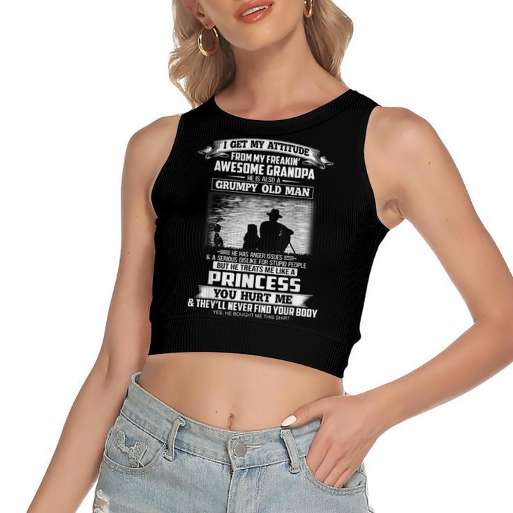 I Get My Attitude From My Freakin Awesome Grandpa Grandkids  Women's Sleeveless Bow Backless Hollow Crop Top