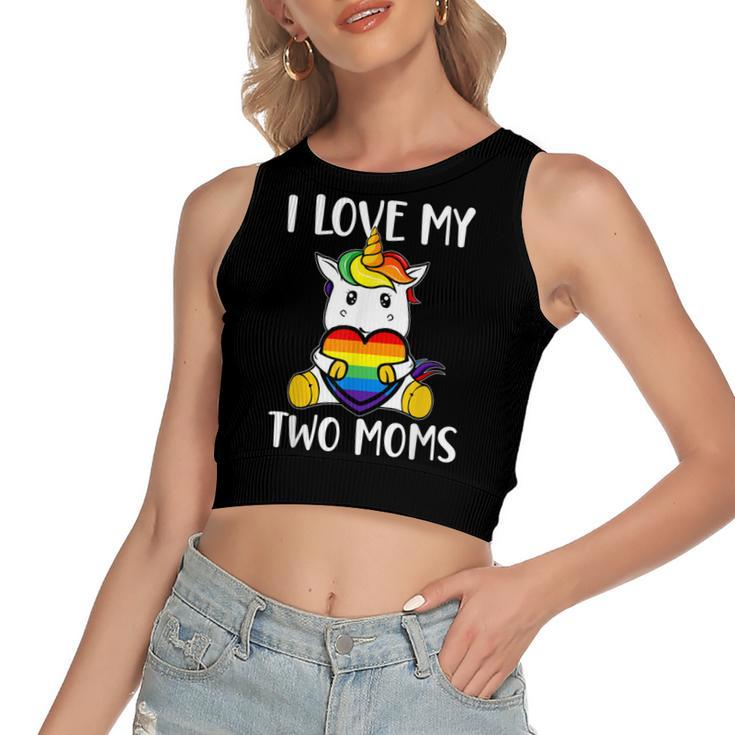 I Love My Two Moms Cute Lgbt Gay Ally Unicorn Girls Kids  Women's Sleeveless Bow Backless Hollow Crop Top
