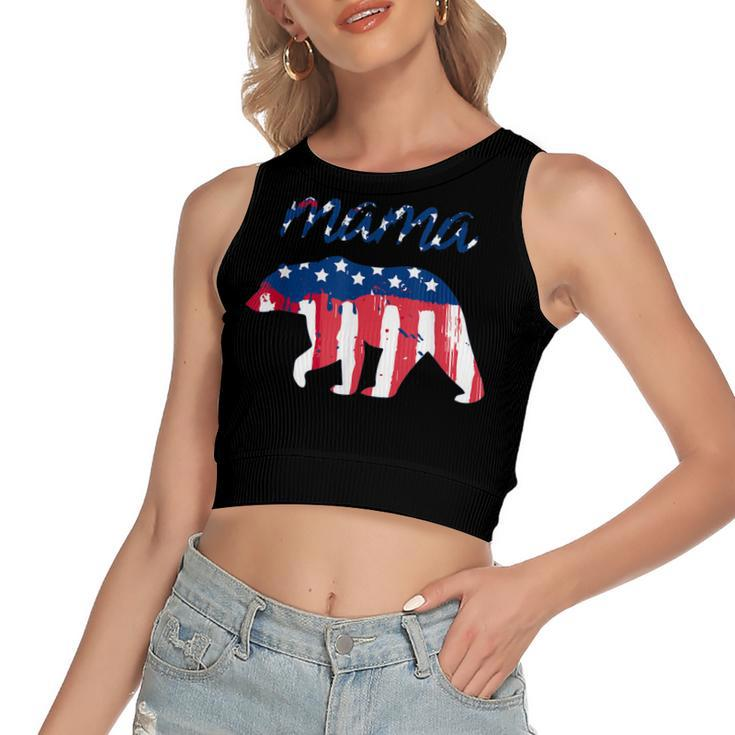 Mama Bear 4Th Of July Graphic T  Usa Flag T   Women's Sleeveless Bow Backless Hollow Crop Top