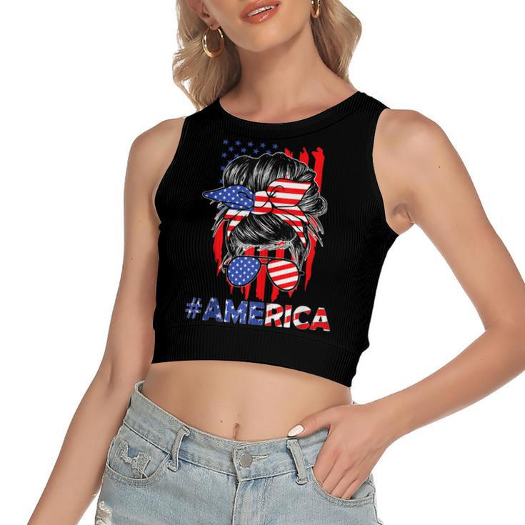 Mom Life Messy Bun America Flag Mothers Day Gift 4Th Of July  Women's Sleeveless Bow Backless Hollow Crop Top