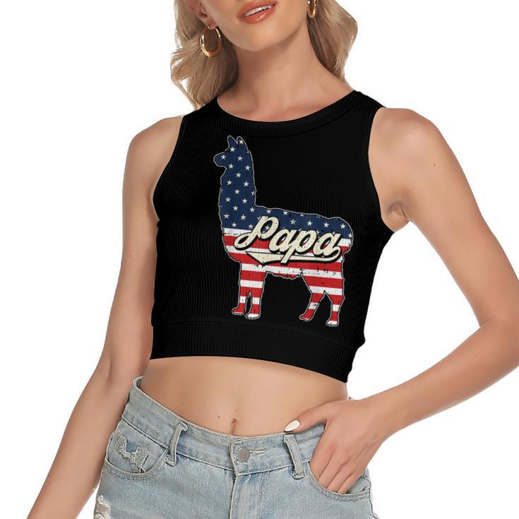 Papa Llama 4Th Of July American Flag Patriotic Dad Father  Women's Sleeveless Bow Backless Hollow Crop Top