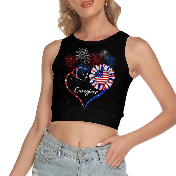 Patriotic Caregiver Sunflower 4Th Of July American Flag Love  Women's Sleeveless Bow Backless Hollow Crop Top