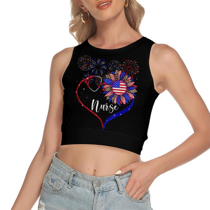Patriotic Nurse 4Th Of July American Flag Sunflower Love  Women's Sleeveless Bow Backless Hollow Crop Top